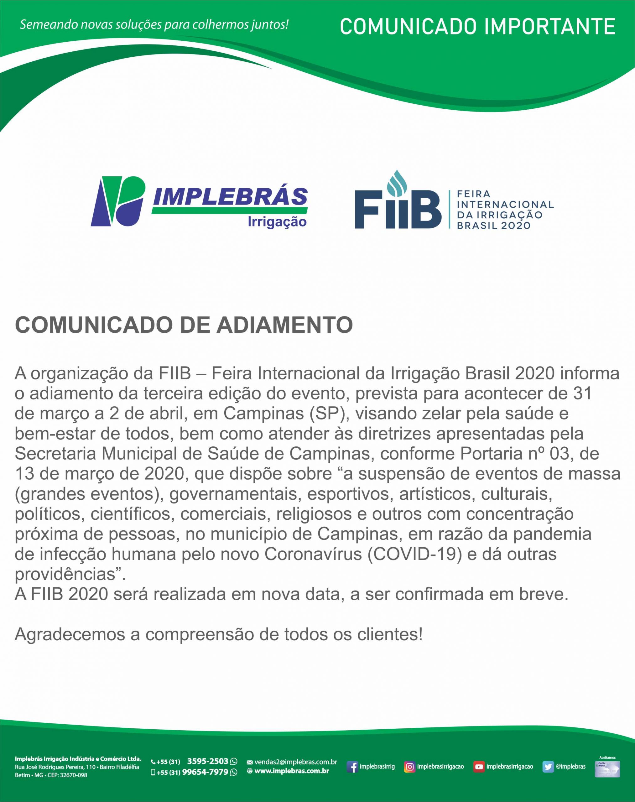 Comunicado de adiamento – FIIB 2020
